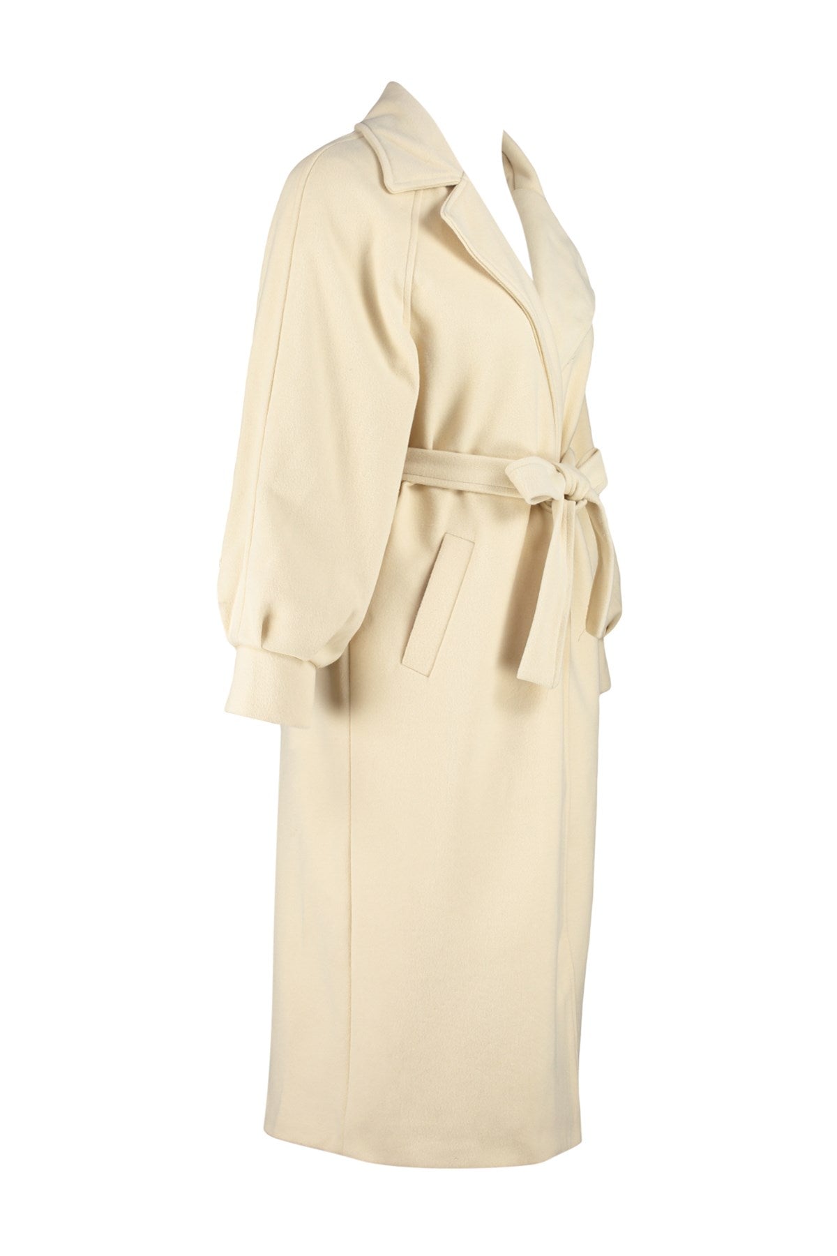 Ecru Oversize Wide Cut Belted Balloon Sleeve Detailed Long Cashmere Coat Twoaw24kb00173