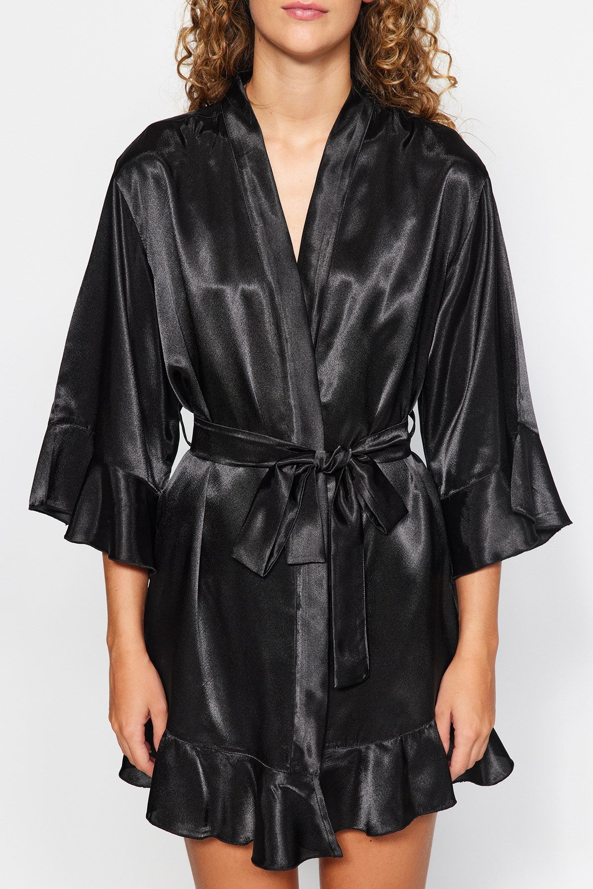 Black Flywheel Detailed Satin Woven Dressing Gown Thmaw24sb00010