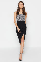 Black Drape And Slit Detailed Crepe Fabric Midi Knit Skirt Twoss23et00316