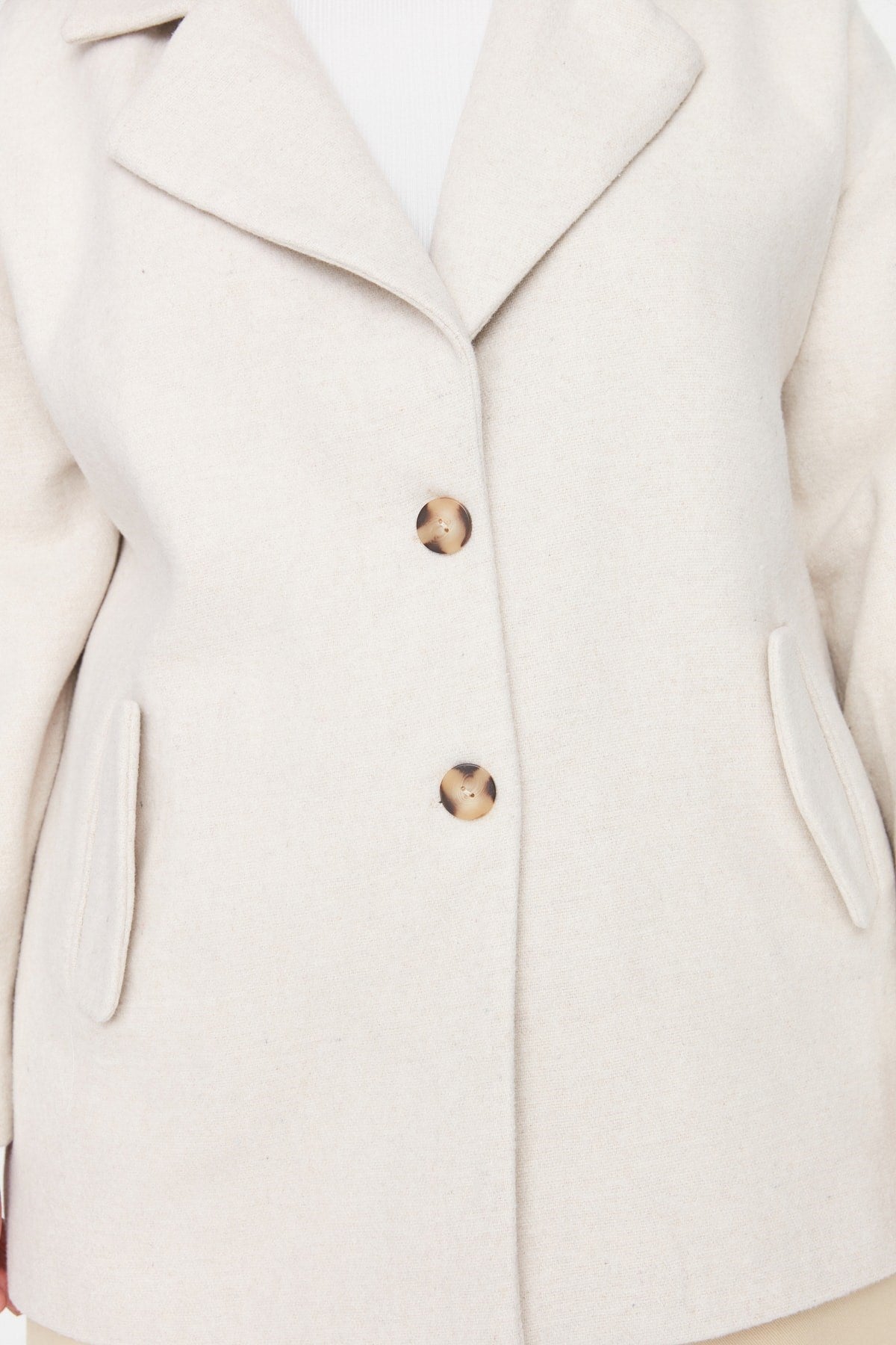 Ecru Button Detailed Wide Cut Cashmere Woven Coat Tbbaw23kb00007