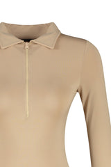 Beige Zipper Collar Detailed Snappy Knitted Bodysuit Twoaw24bd00005