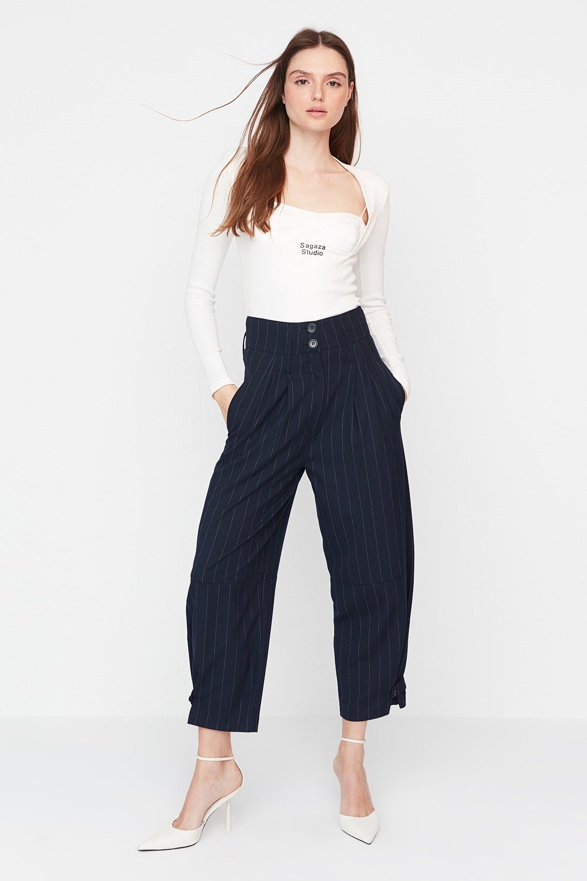 X Sagaza Studio Navy Blue Striped Leg Detailed Pants Tpraw23pl00039