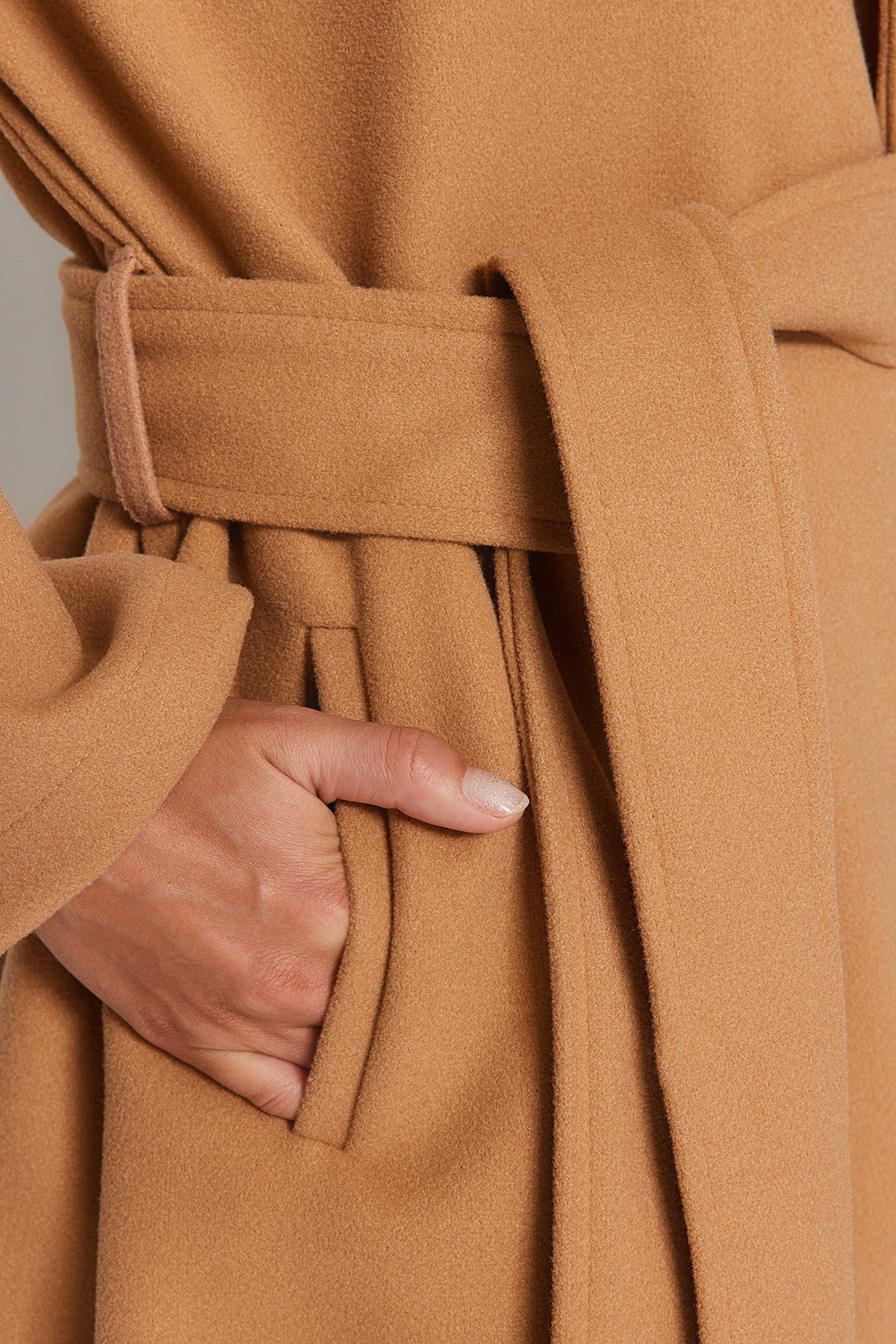 Camel Oversize Wide Cut Standard Size Hooded Belted Long Cashmere Coat Twoaw24kb00017