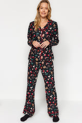 Black Soft Feel Premium Christmas Themed Shirt-pants Knitted Sleepwear Set Thmaw24pt00051