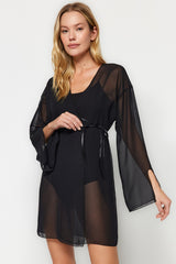 Black Lacing Detailed Chiffon Woven Dressing Gown Thmaw24sb00007