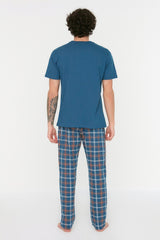 Navy Blue Plaid Knitted Pajama Set Thmss21pt0328