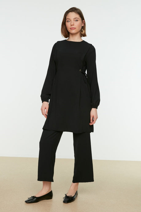 Black Eyelet Drawstring Detailed Aerobin Tunic-pants Suit Tctaw22us0092