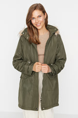 Khaki Oversize Fur Hooded Coat Twoaw23kb00236