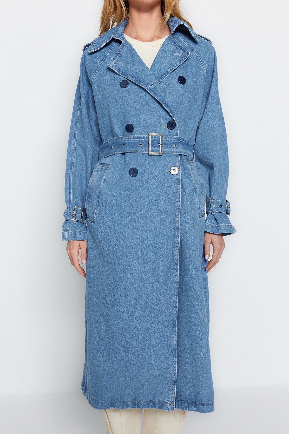 Blue Belted Denim Trench Coat Twoss23tr00028