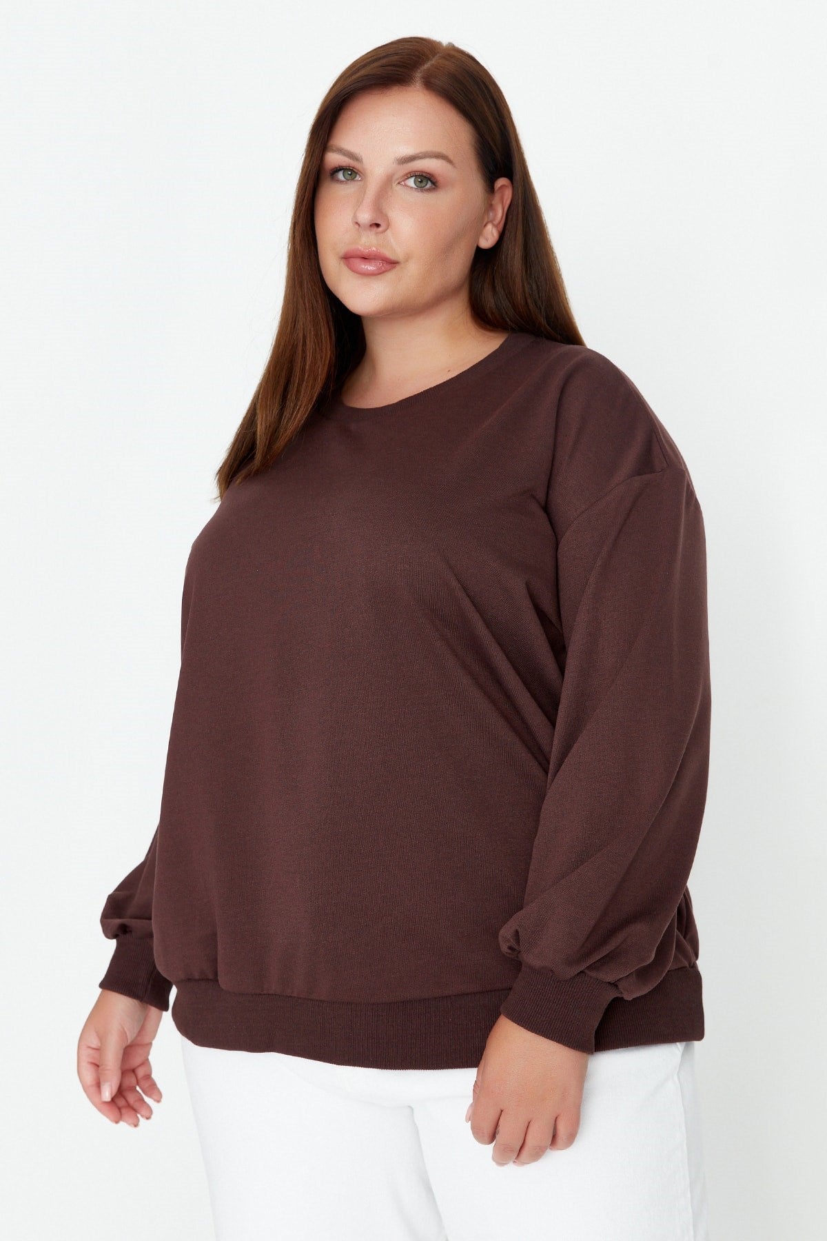 Brown Crew Neck Basic Slim Knitted Sweatshirt Tbbaw23ao00030