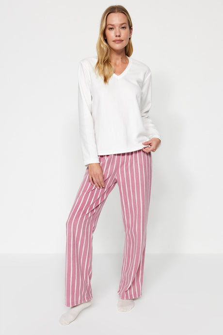 White Striped Fleece Tshirt - Pants Knitted Pajama Set Thmaw24pt00031