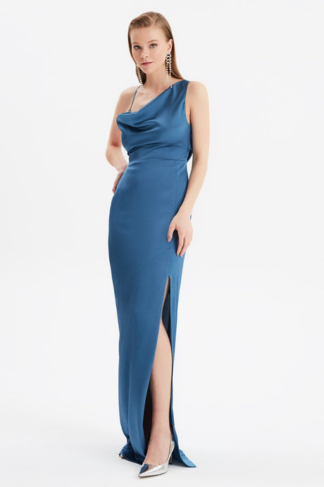 Navy Blue Back Detailed Long Night Evening Dress Tprss21ae0133