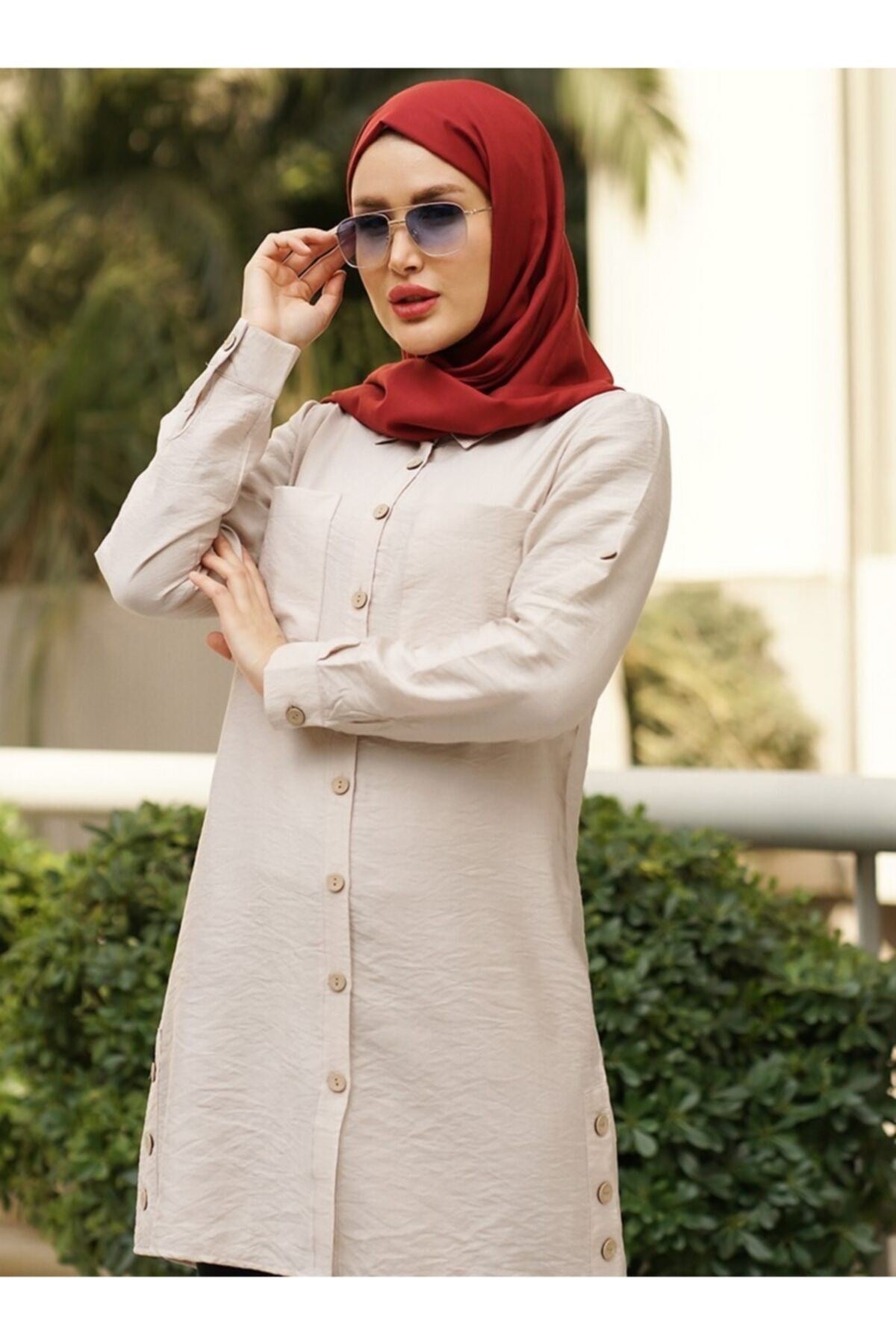 Two-pocket Shirt Tunic With Three Buttons On The Side - Stone - 7939153