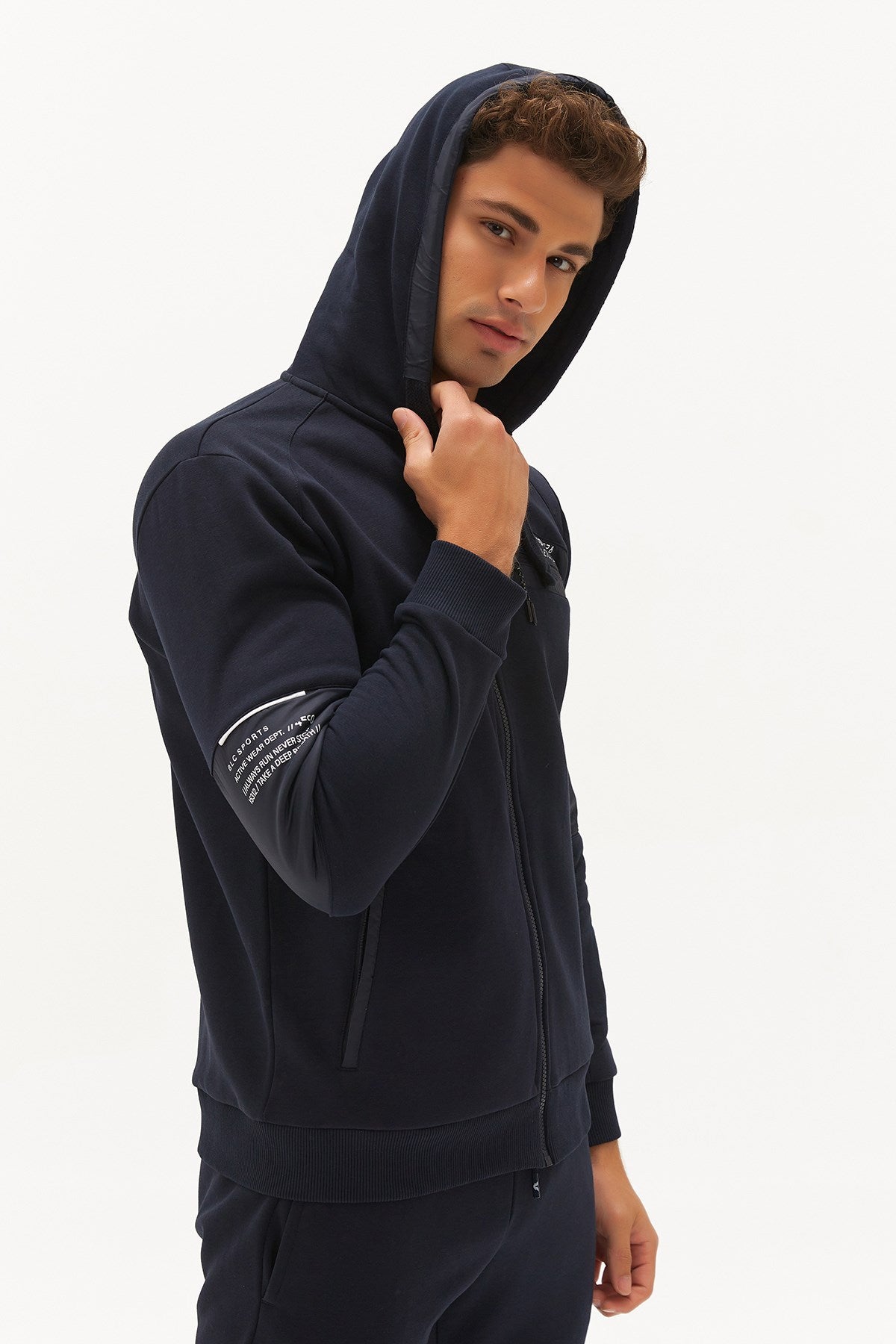 Men's Navy Blue Hooded Zipper Pocket Casual Sports Tracksuit Top 0371 Tb22ml06w0371-1