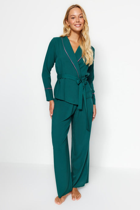 Emerald Green Bibree Detailed Double Breasted Shirt-pants Viscose Woven Sleepwear Set Thmaw22pt1109