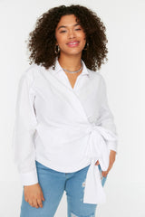 White Double Breasted Drawstring Detailed Woven Shirt Tbbss22go0628