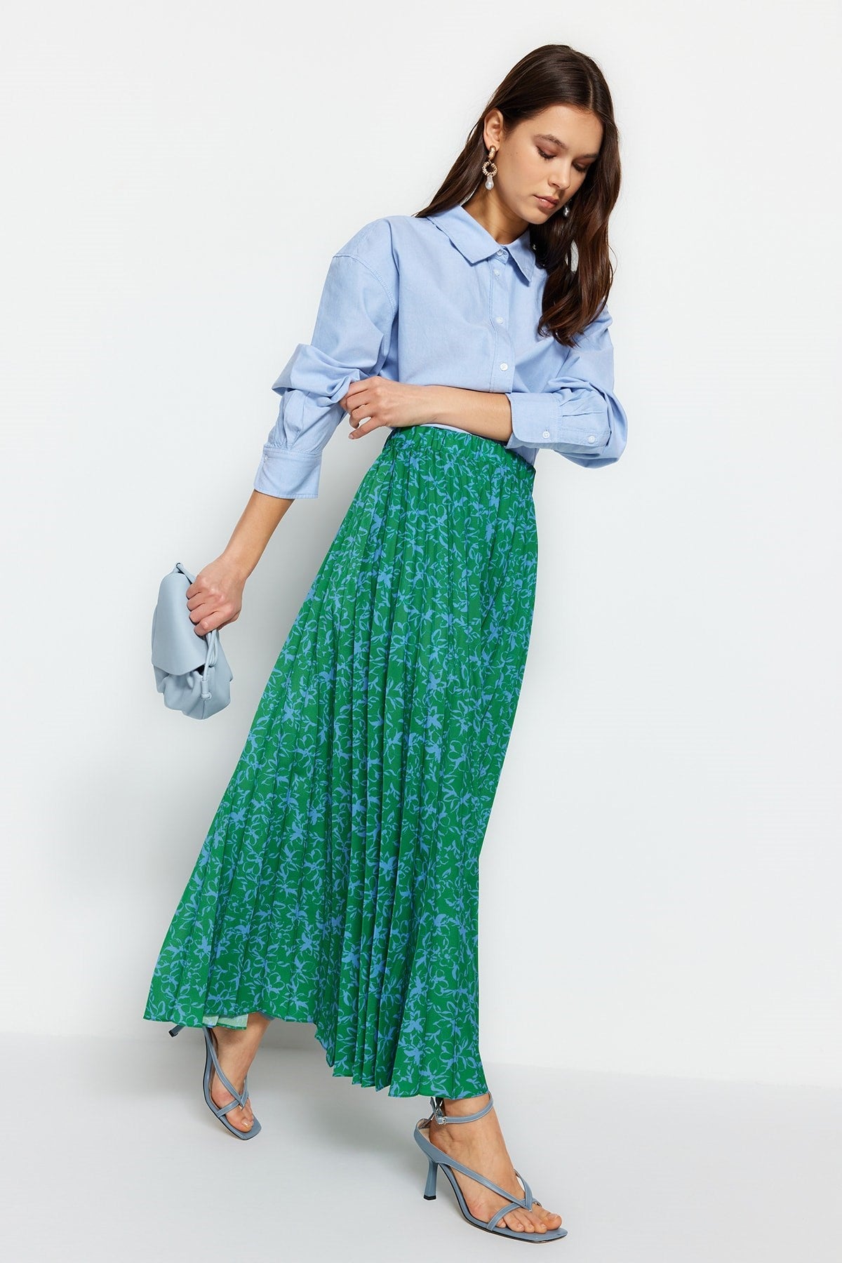 Green Floral Pattern Pleated Waist Elastic Woven Skirt Tctss23ee00018