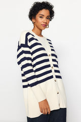 Stone Navy V Neck Striped Knitwear Cardigan Tctaw24th00034