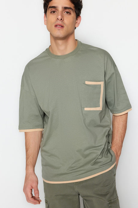 Khaki Men's Oversize/wide Cut Crew Neck Contrast Detailed T-shirt Tmnss22ts0527