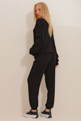 Women's Black Crew Neck Knitwear Sweater And Double Pocket Jogging Sweater Pants Duo Suit Alc-x10985