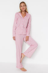 Pink 100% Cotton Striped Shirt-pants Knitted Pajama Set Thmaw24pt00144