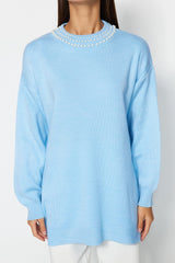 Ice Blue Pearl Detailed Knitwear Sweater Tctaw24ak00143