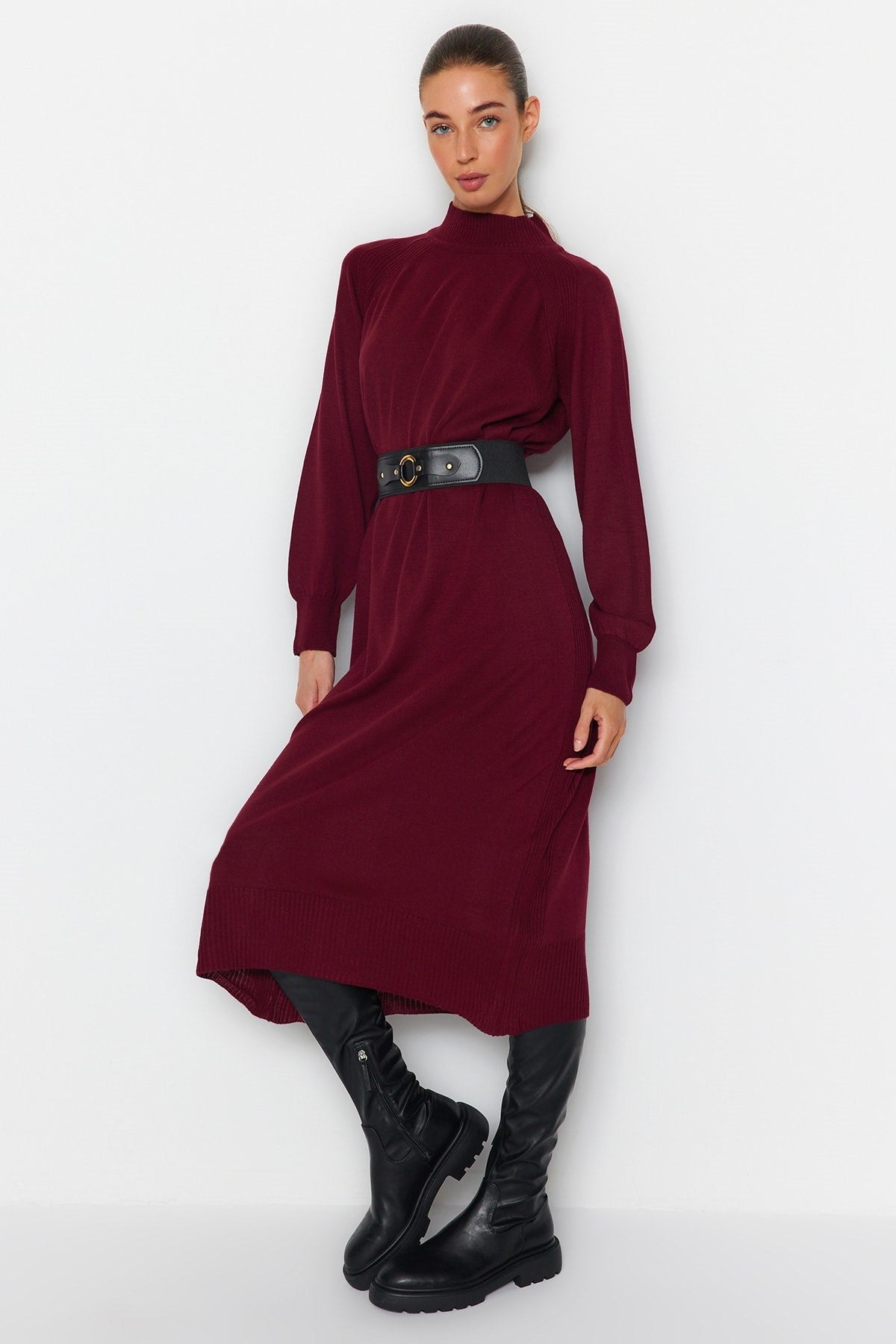 Pomegranate Faux Leather Belted Round Neck Knitwear Dress Tctaw24eb00030