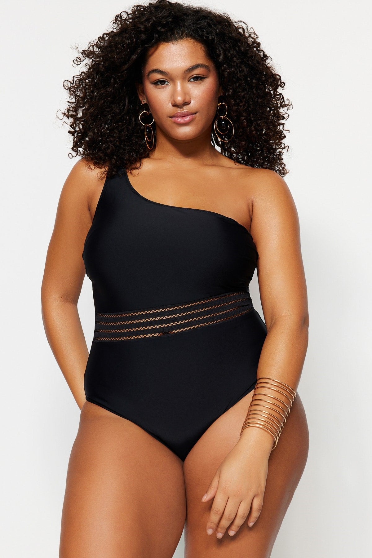 Black One Shoulder Stripe Detailed Swimsuit Tbbss23am00001