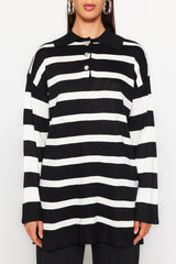 Black White Polo Neck Striped Knitwear Sweater Tctaw24ak00045