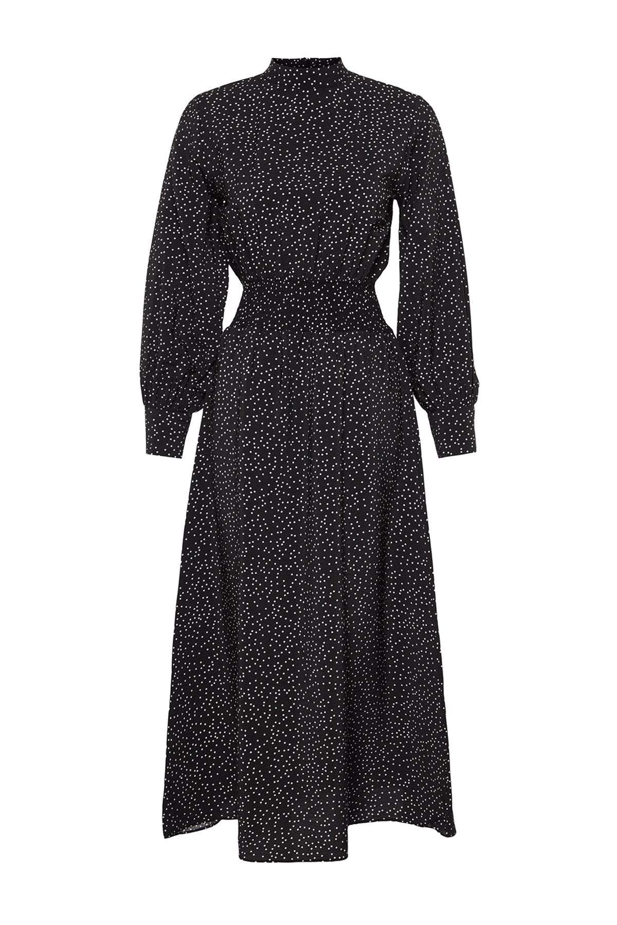 Black Polka Dot Waist Gipe Detailed Woven Dress Tctaw24eb00098