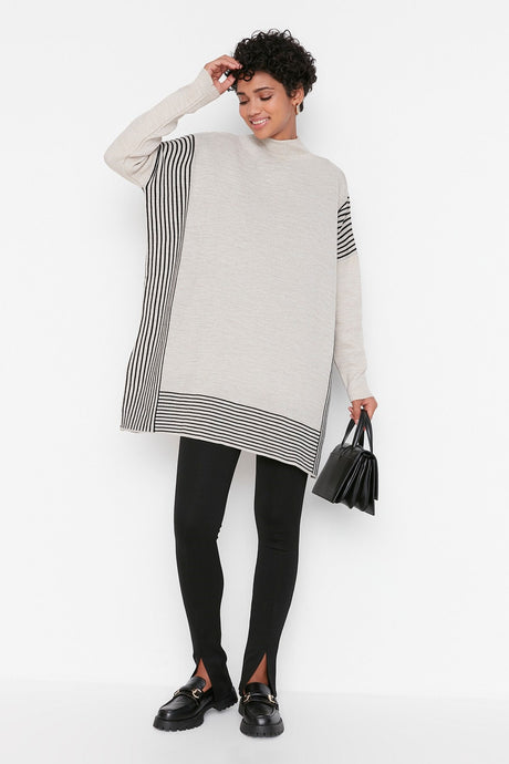 Beige Striped Knitwear Poncho Sweater Tctaw23kz00076