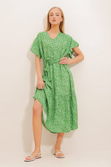 Women's Green V Neck Front Buttoned Patterned Viscose Woven Dress Alc-x10226