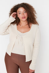 Beige V Neck Drawstring Detailed Slim Knitwear Cardigans&tank Suit Tbbaw23av00047