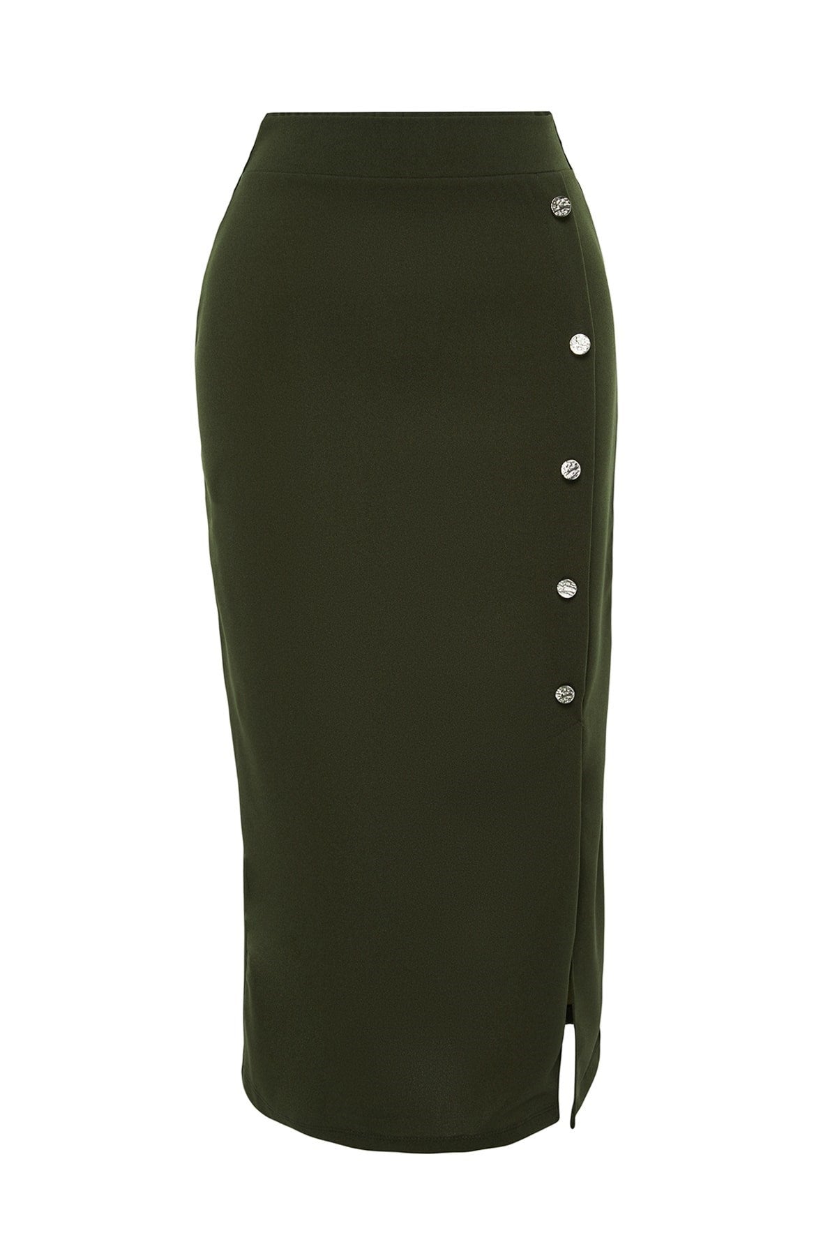 Black Smart Crepe Button Detailed High Waist Midi Pencil Flexible Knitted Skirt Twoss23et00320