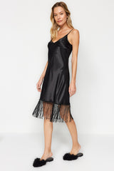 Black Tassel Detailed Satin Woven Nightgown Thmaw24gc00007