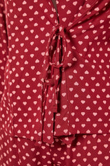 Powder Heart Pattern Drawstring Detailed Shirt-pants Woven Sleepwear Set Thmaw22pt0300