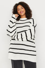 Ecru Striped Low Shoulder Knitwear Sweater Tbbaw23an00191