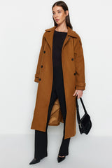 Camel Belted Lined Long Cashmere Coat Tctaw24ab00003