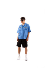 California Embroidered Blue Short Sleeve Shirt Flaw-095-011-001