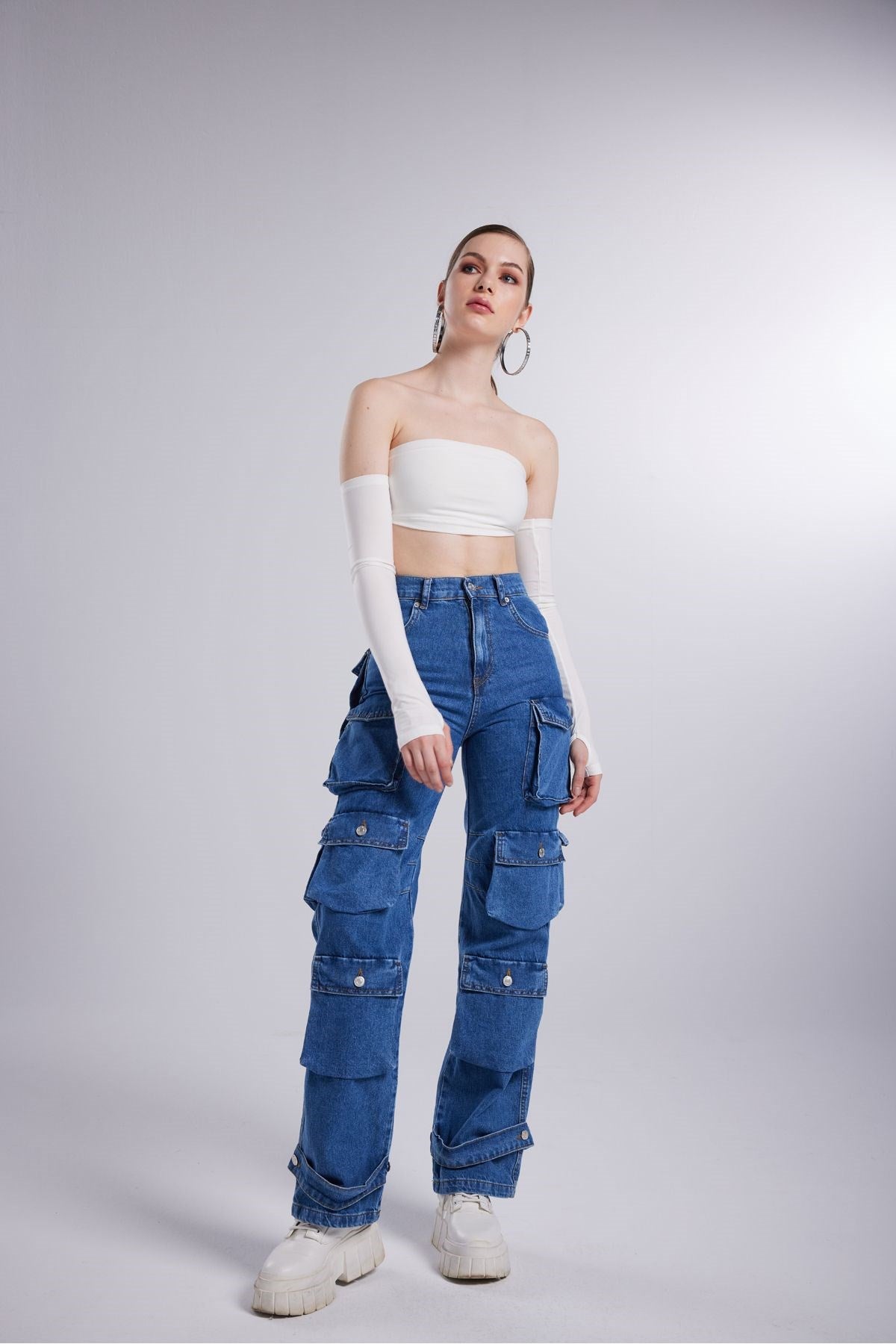 High Waist Wide Leg Cargo Jeans Blue Hlcargojean