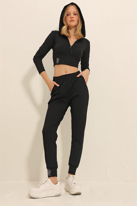 Women's Black Hooded Zipper Crop Top And Double Pockets Ribbed Tracksuit Suit Alc-x11428