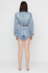 X Sagaza Studio Blue Stone Printed Denim Shorts Tclss23sr00000