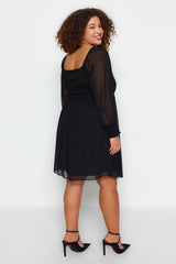 Black Plain A-line Mini Woven Plus Size Dress Tbbaw24ah00076