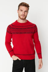 Red Mens Slim Fit Crew Neck Jacquard Knitwear Sweater Tmnaw23kz00012