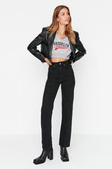 Black Collet Detail High Waist Long Straight Jeans Twoaw23je00345