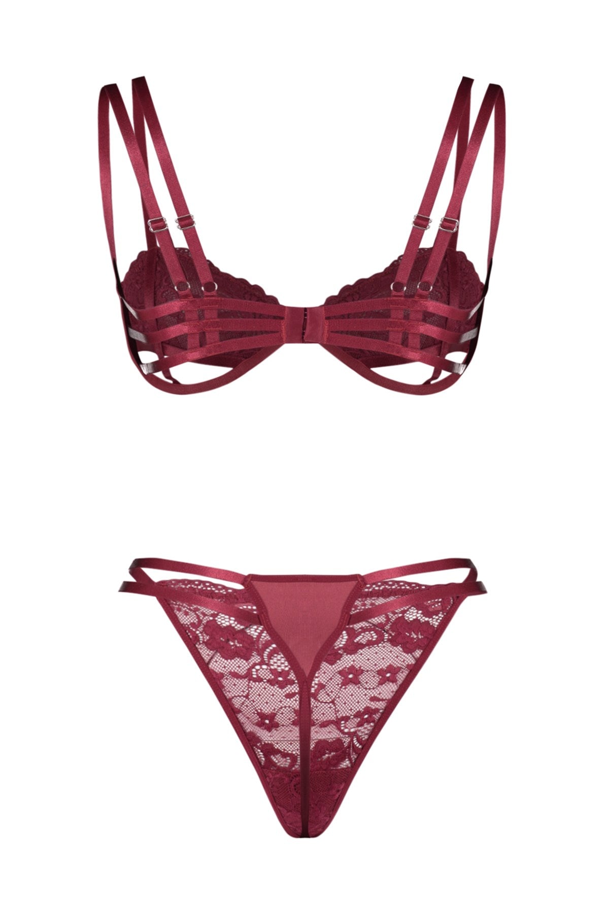 Burgundy Lace Cut Out/window Detailed Capless Lingerie Set Thmaw24cc00011