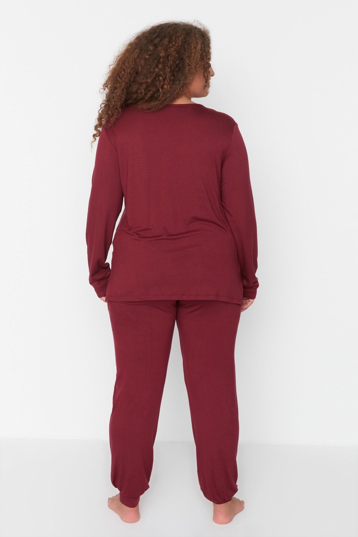 Burgundy Suprem V Neck Knitted Pajama Set Tbbaw23ai00007