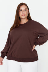 Brown Crew Neck Basic Slim Knitted Sweatshirt Tbbaw23ao00030