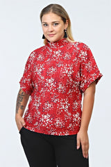 Floral Print Pleated Blouse With Stand Collar - Red Tyc00624854290