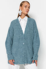 Blue V Neck Knitwear Cardigan Tctaw24th00007